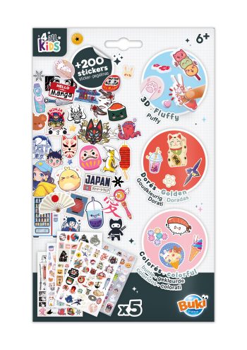 Zestaw ponad 200 naklejek manga kolorowe wzory postaci i symboli japońskich dla dzieci powyżej 6 lat. Buki Zestaw naklejek +200 MANGA
