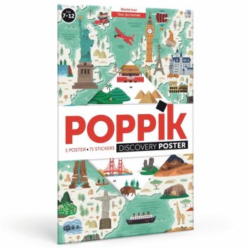 Plakat edukacyjny z naklejkami przedstawiający mapę świata z charakterystycznymi zabytkami i zwierzętami dla dzieci w wieku 7-12 lat. Poppik Wyklejanka DOOKOŁA ŚWIATA
