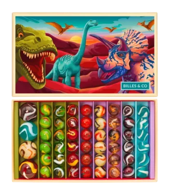 Zestaw szklanych kolorowych kulek z motywem dinozaurów dla dzieci. Billes&Co Szklane kulki DINOZAURY
