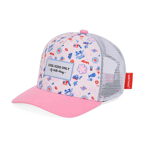 Różowa czapka z daszkiem dla dziecka z siateczką i kolorowym wzorem kwiatów i postaci napis cool kids only. Hello Hossy Czapka z daszkiem Cat Relax 9-18 mies