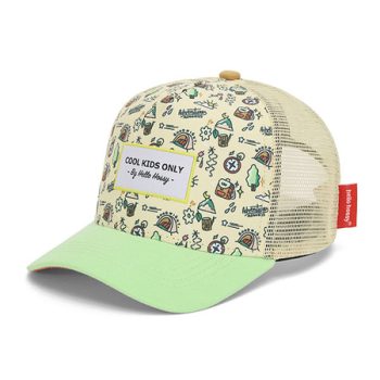 Czapka z daszkiem dla dziecka kremowa z zielonym daszkiem i kolorowym nadrukiem z siateczką z tyłu. Hello Hossy Czapka z daszkiem Adventure 6+