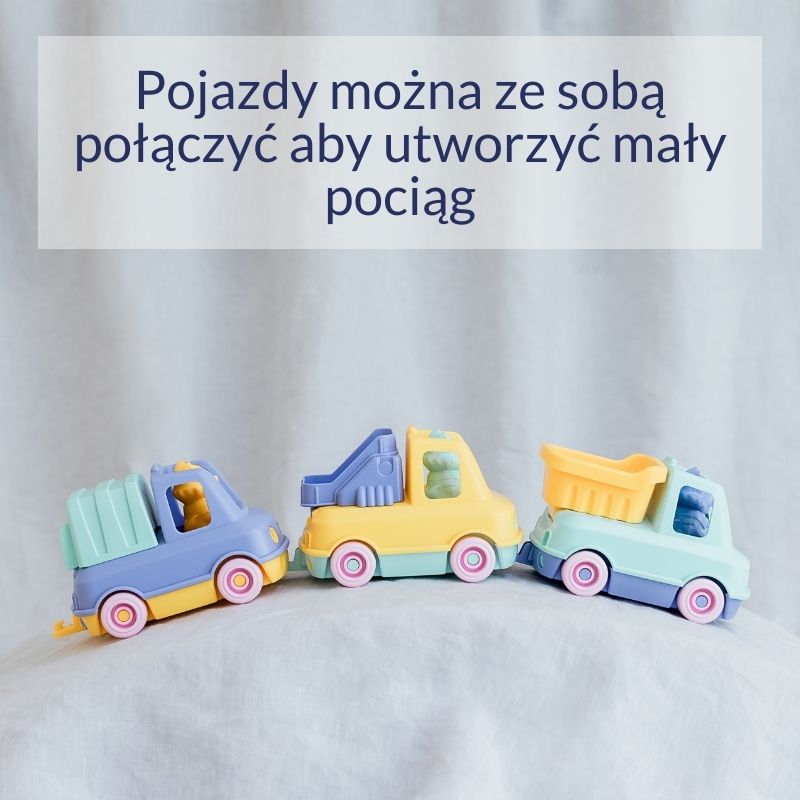 Zestaw trzech pastelowych samochodów zabawkowych dla dziecka połączonych w pociąg. Le Jouet Simple Pierwszy wóz strażacki pomarańczowy auto