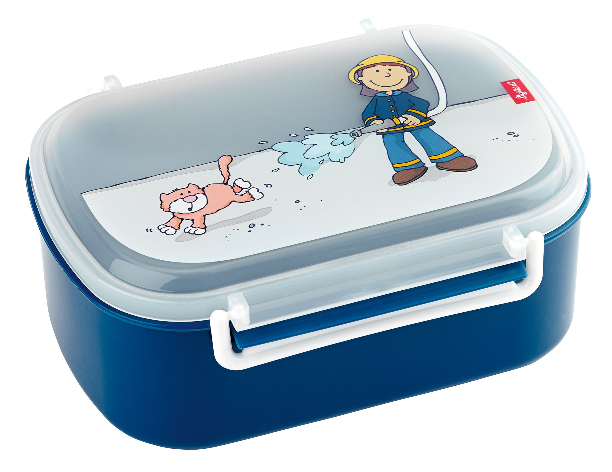 Niebieskie pudełko na jedzenie lunchbox z pokrywką z nadrukiem strażaka i psa dla dziecka. sigikid Pudełko na jedzenie lunchbox Strażak BPA free 17x11x7cm