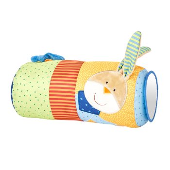 Kolorowa poduszka rolka z materiału z uszami i elementami do nauki raczkowania dla niemowlaka. sigikid Poduszka Rolka 30cm nauka raczkowania zabawka ruchowa grzechotka
