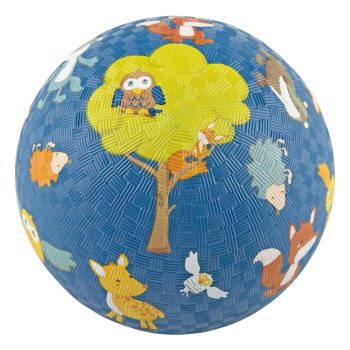 Niebieska gumowa piłka dla dzieci z nadrukiem leśnych zwierząt i drzewa o średnicy 17 cm. sigikid Piłka dla dzieci 17cm leśne zwierzęta kauczukowa sigikd