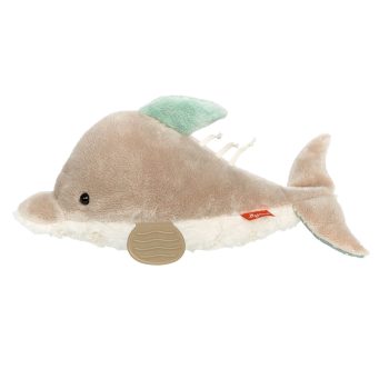 Pluszowa zabawka delfin beżowo miętowy z elementem do gryzienia dla niemowlaka. sigikid Zabawka rozwojowa Delfin szeleścik grzechotka gryzaczek piszczałka