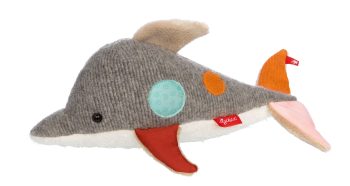 Pluszowa maskotka delfin w kolorze szarym z kolorowymi łatami dla dzieci. sigikid Pierwsza przytulanka Delfin patchwork maskotka zabawka dla dzieci