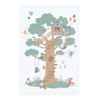 Dwustronna mata piankowa z motywem domku na drzewie z postaciami zwierząt i balonami dla dziecka. Play&Go TILOO Dwustronna Mata Piankowa 3w1 Treehouse 120x180cm