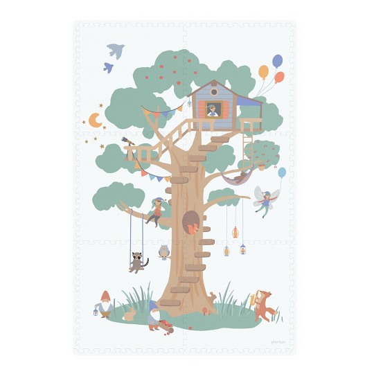 Dwustronna mata piankowa z motywem domku na drzewie z postaciami zwierząt i balonami dla dziecka. Play&Go TILOO Dwustronna Mata Piankowa 3w1 Treehouse 120x180cm