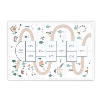 Dwustronna piankowa mata do zabawy z motywem klasy dla dzieci w jasnych kolorach. Play&Go TILOO Dwustronna Mata Piankowa 3w1 Hopscotch 120x180cm