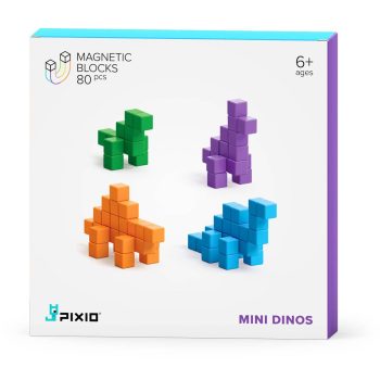 Klocki magnetyczne w kształcie dinozaurów w kolorach zielonym fioletowym pomarańczowym i niebieskim dla dzieci powyżej 6 lat. PixioKlocki Mini DINOS 80 szt