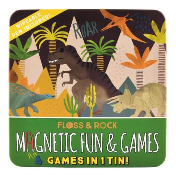 Metalowe pudełko z ilustracją dinozaurów i napisem magnetic fun and games zestaw magnetycznych gier i zabaw dla dzieci. Floss&Rock Dinozaury Zestaw Magnetycznych Gier i Zabaw 4w1