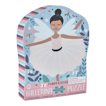 Puzzle tradycyjne 12 elementów z ilustracją baletnicy w białej sukience na niebieskim tle dla dzieci powyżej 2 lat. Floss&Rock Baletnice Puzzle 12 Elementów