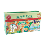 Puzzle 60 elementów z motywem safari dla dzieci z postaciami zwierząt i ludźmi na zielonym tle. Floss&Rock Safari Park puzzle 60 elementów