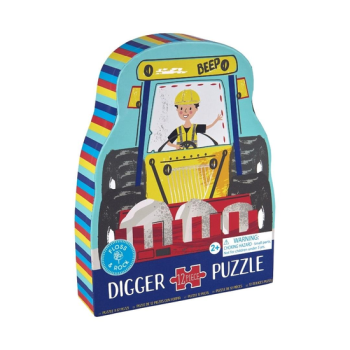 Puzzle tradycyjne 12 elementów z ilustracją dziecka w kasku na koparce dla dzieci powyżej 2 lat. Floss&Rock Na Budowie Puzzle 12 Elementów