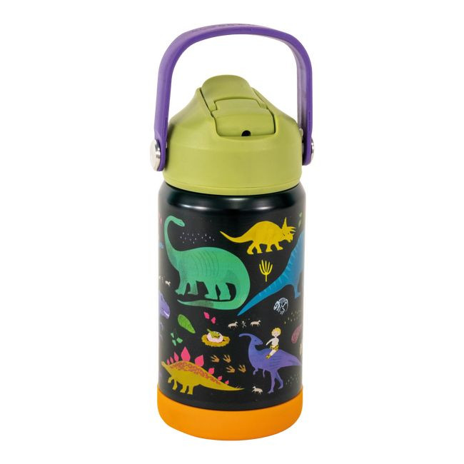 Butelka dziecięca 400 ml czarna z kolorowymi dinozaurami i zieloną zakrętką z fioletowym uchwytem. Floss&Rock Dinozaury Butelka 400 ml