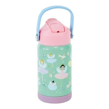 Butelka dziecięca 400 ml z uchwytem zielona z różowym korkiem i wzorem baletnic dla dziecka. Floss&Rock Baletnice Butelka 400 ml