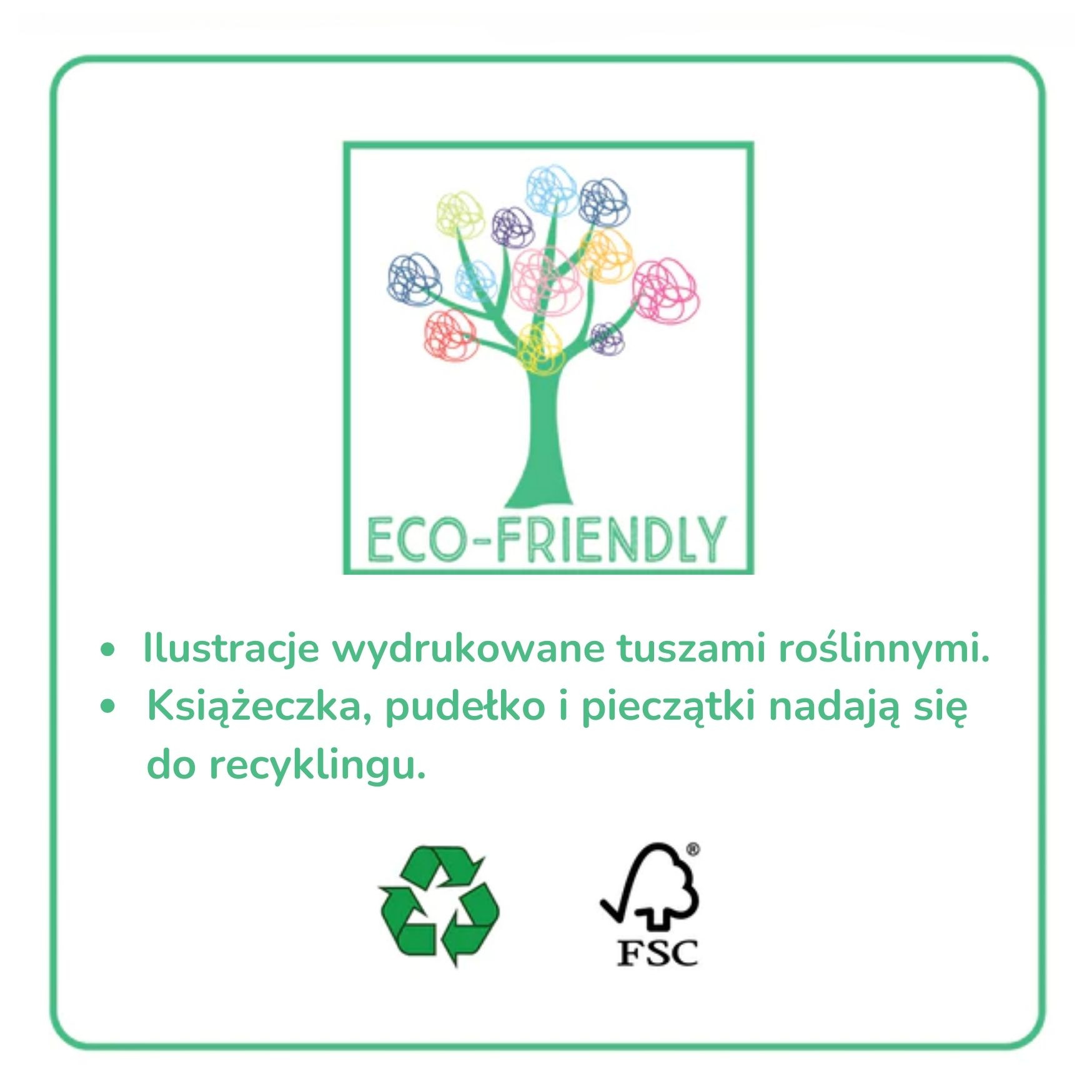Ilustracja drzewa z kolorowymi kwiatami i symbole recyklingu na białym tle. Floss&Rock Baletnice Zestaw Kolorowych Pieczątek i Książeczka