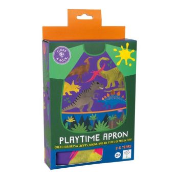 Fartuszek ochronny dla dziecka z kolorowymi dinozaurami na fioletowym tle. Floss&Rock Dinozaury Fartuszek Ochronny