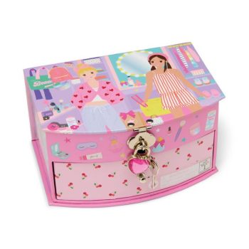 Różowa zamykana szkatułka na biżuterię z nadrukiem postaci dziewczynek i wzorem z wiśni dla dzieci. Floss&Rock Zamykana szkatułka na biżuterię GLAM Fashion Friends