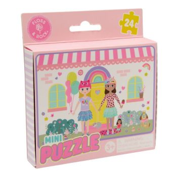 Mini puzzle 24 elementy obrazek dwóch dziewczynek przed domem kolorowe balony i tęcza dla dzieci powyżej 3 lat. Floss&Rock Mini Puzzle 24 elementy Przyjaciółki