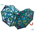 Parasolka dziecięca z motywem dinozaurów zmieniająca kolory pod wpływem wilgoci niebieska z pomarańczowym uchwytem. Floss&Rock Dinozaury Parasolka zmieniająca kolory
