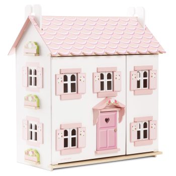 Drewniany domek dla lalek biały z różowym dachem i okiennicami dla dzieci. Le Toy Van Domek dla lalek Sophie