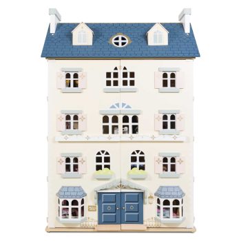 Drewniany domek dla lalek biały z niebieskim dachem i oknami dla dzieci. Le Toy Van Domek dla lalek Palace House