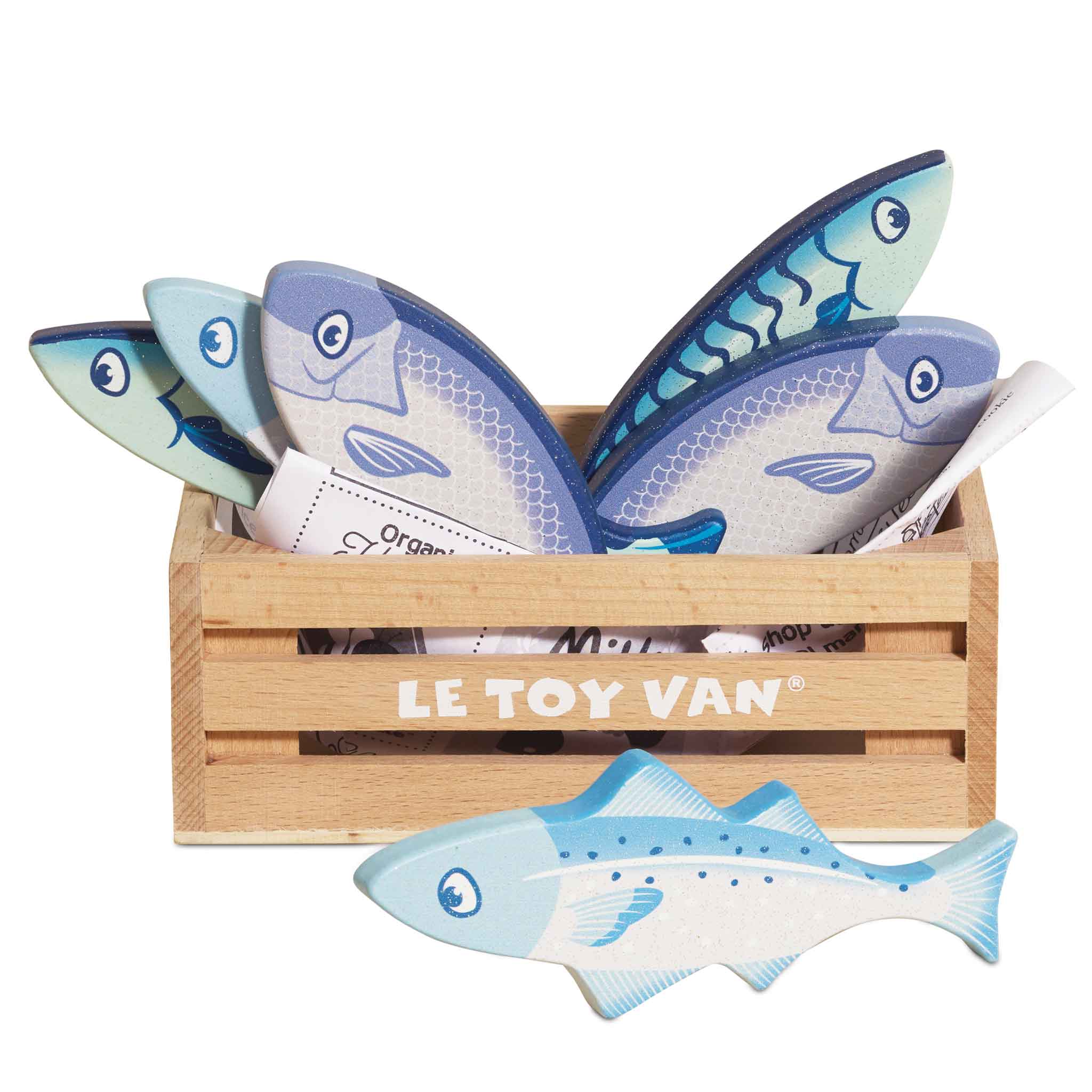 Drewniane zabawkowe ryby w niebieskich odcieniach w drewnianej skrzynce dla dziecka. Le Toy Van Ryby w skrzynce