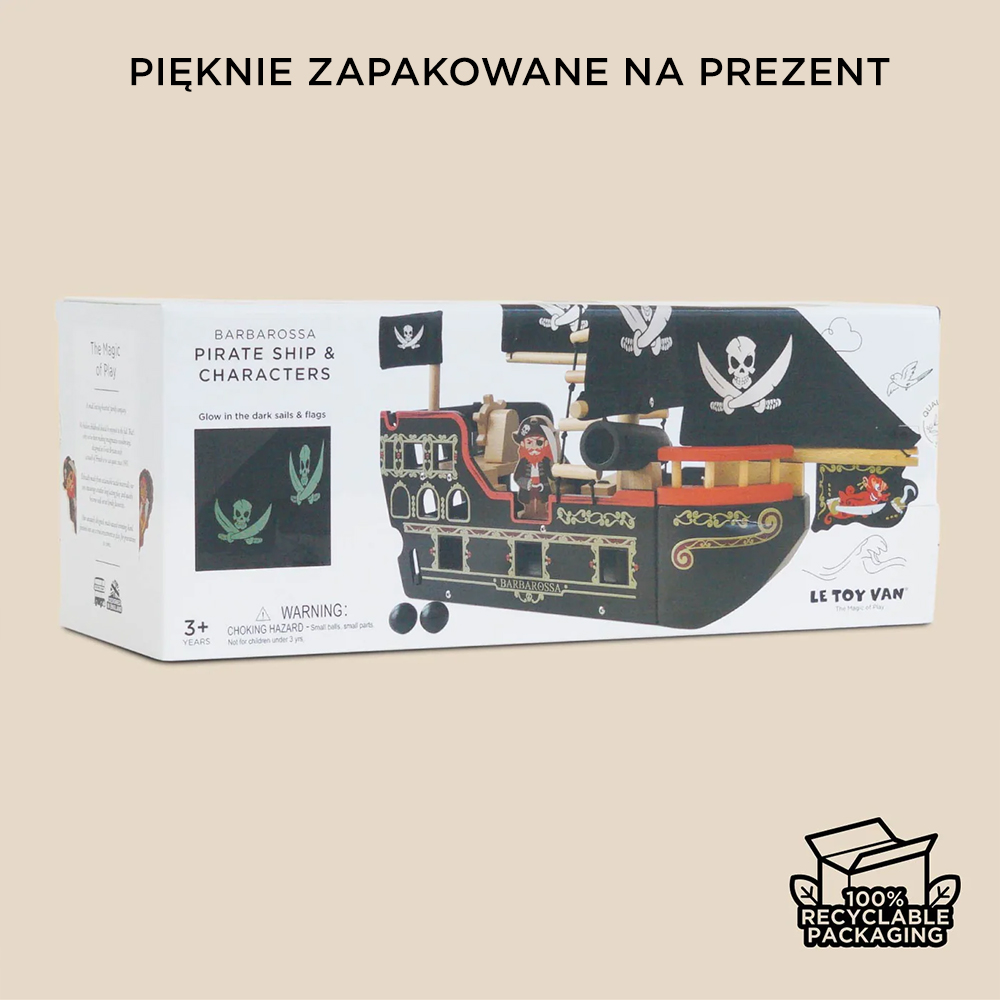 Drewniany czarny statek piracki z białymi czaszkami na żaglach zabawka dla dzieci powyżej 3 lat. Le Toy Van Statek piracki Barbarossa