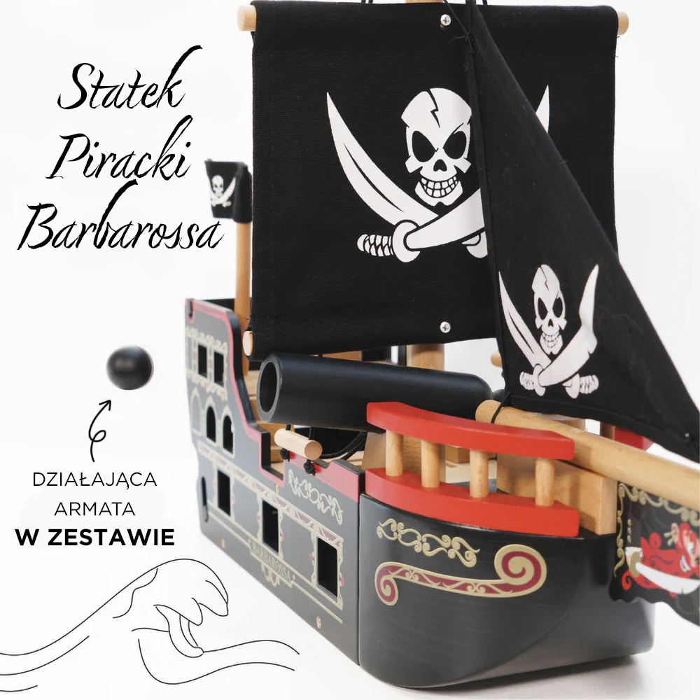 Drewniany czarny statek piracki z białymi czaszkami na żaglach dla dziecka. Le Toy Van Statek piracki Barbarossa