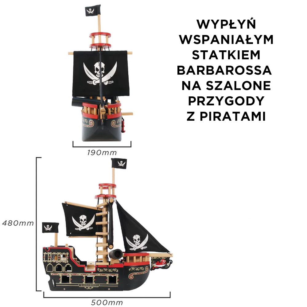 Drewniany czarny statek piracki z flagą z czaszką dla dzieci. Le Toy Van Statek piracki Barbarossa