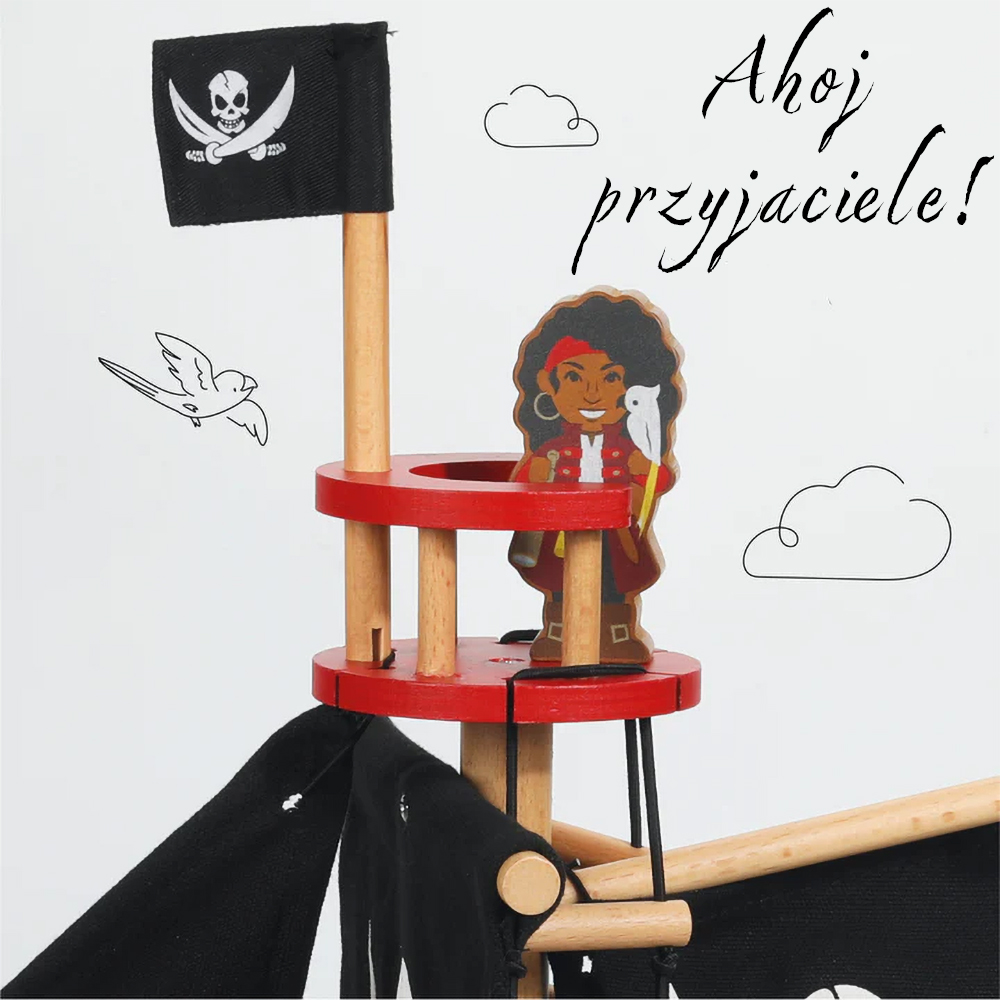 Drewniany statek piracki z czarnymi żaglami i figurką pirata dla dzieci. Le Toy Van Statek piracki Barbarossa