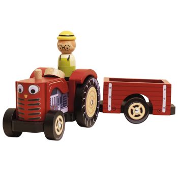 Drewniany czerwony traktor z przyczepą i figurką kierowcy dla dziecka. Le Toy Van Traktor Czerwony Bertiego