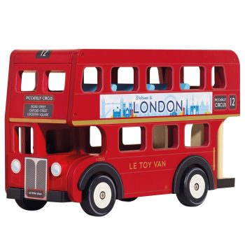 Drewniany czerwony londyński autobus piętrowy zabawka dla dzieci. Le Toy Van Londyński autobus