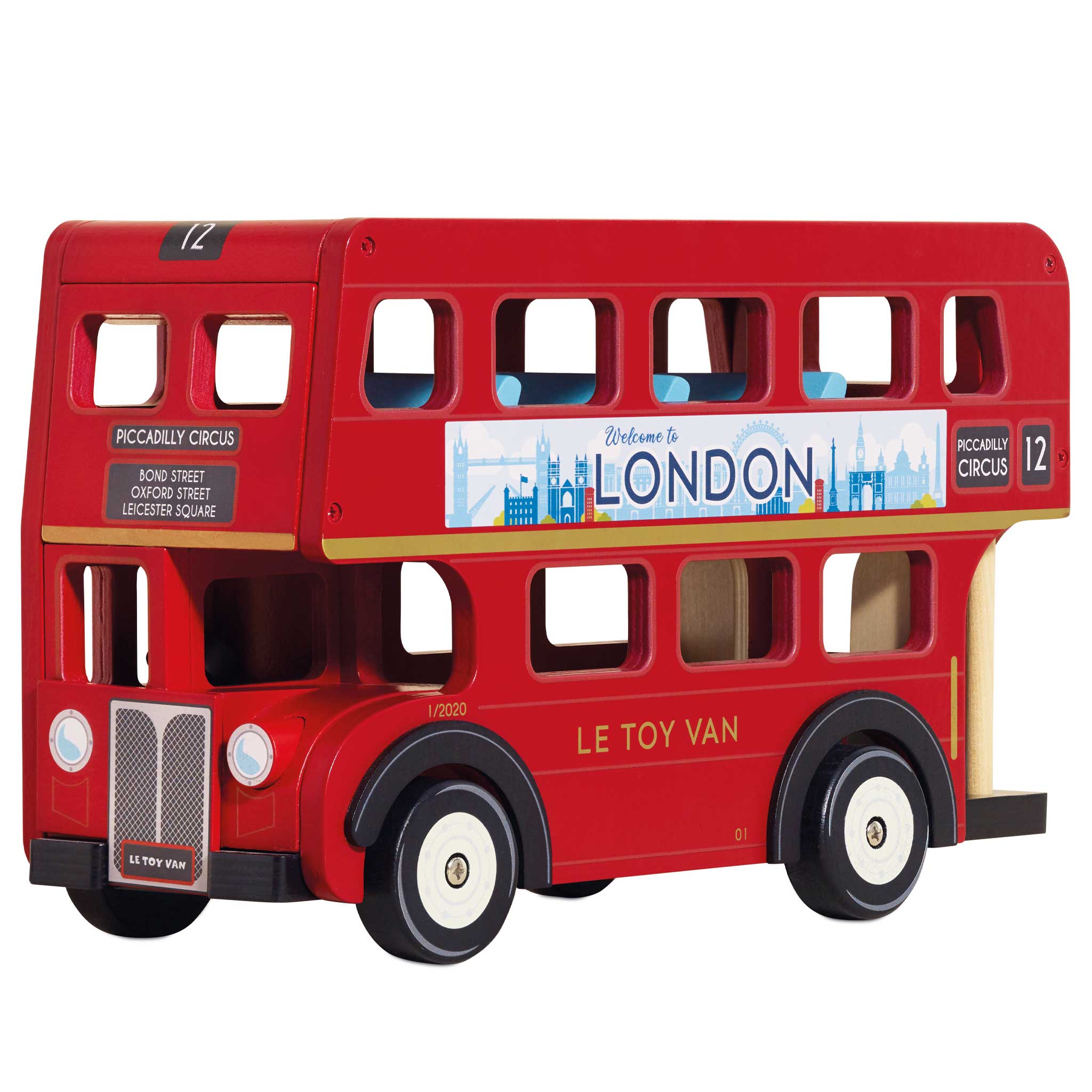 Drewniany czerwony londyński autobus piętrowy zabawka dla dzieci. Le Toy Van Londyński autobus