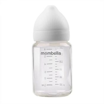 Szklana butelka do karmienia niemowląt 180 ml z białym smoczkiem i miarką na przezroczystym korpusie. Mombella Szklana Butelka dla Niemowlaka 3M Antykolkowa Classic 180 ml