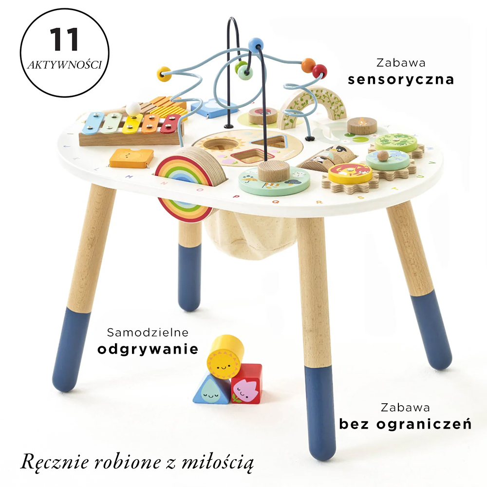 Drewniany stolik edukacyjny z kolorowymi elementami do zabawy sensorycznej i muzycznej dla dziecka. Le Toy Van Stolik edukacyjny