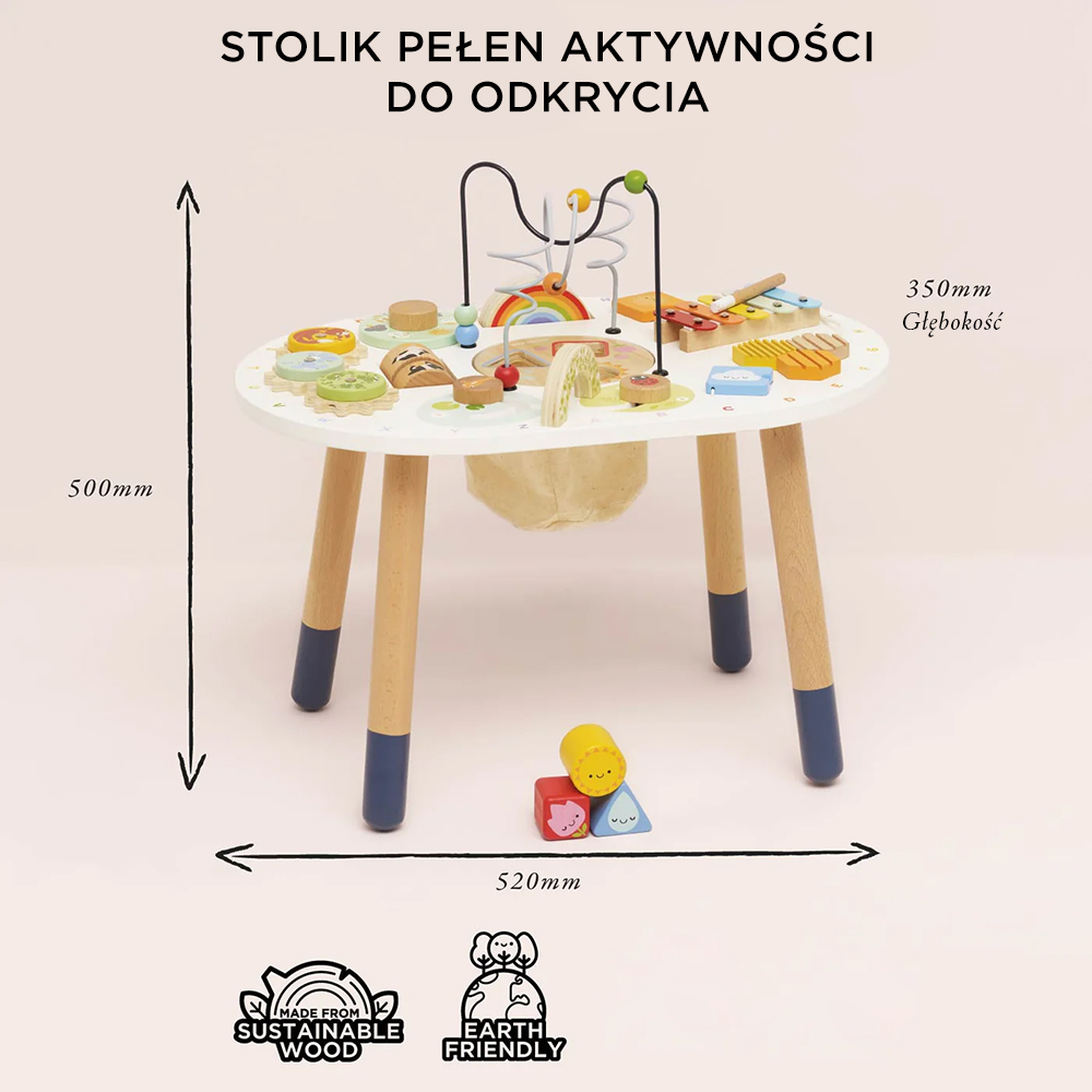 Drewniany stolik edukacyjny biały z kolorowymi elementami do zabawy dla dziecka z nóżkami z niebieskimi zakończeniami. Le Toy Van Stolik edukacyjny