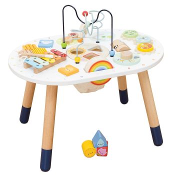 Drewniany stolik edukacyjny z kolorowymi elementami do zabawy dla dziecka. Le Toy Van Stolik edukacyjny