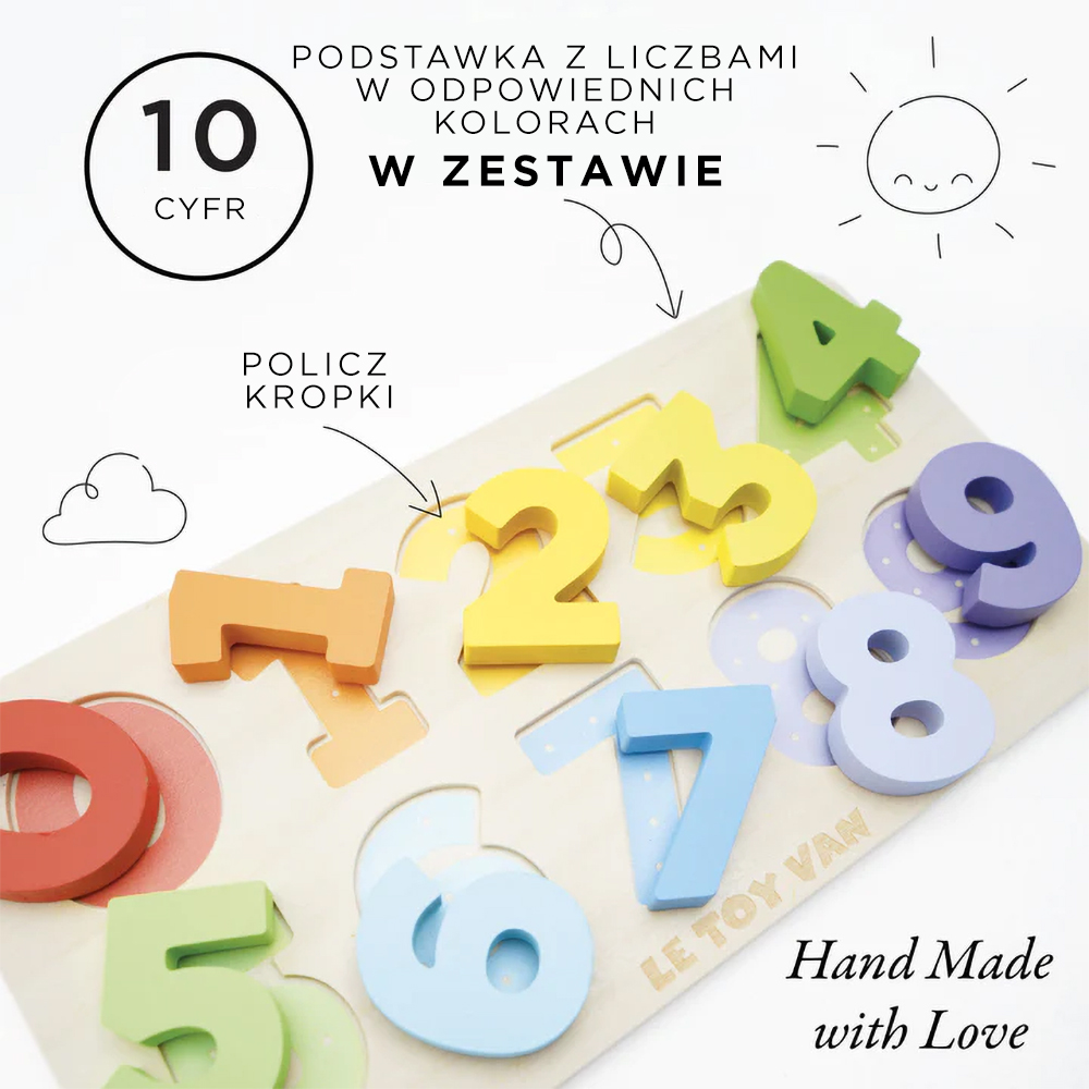 Drewniany sorter kształtów z kolorowymi cyferkami od 0 do 9 na podstawce do nauki liczenia dla dzieci. Le Toy Van Drewniane cyferki sorter kształtów