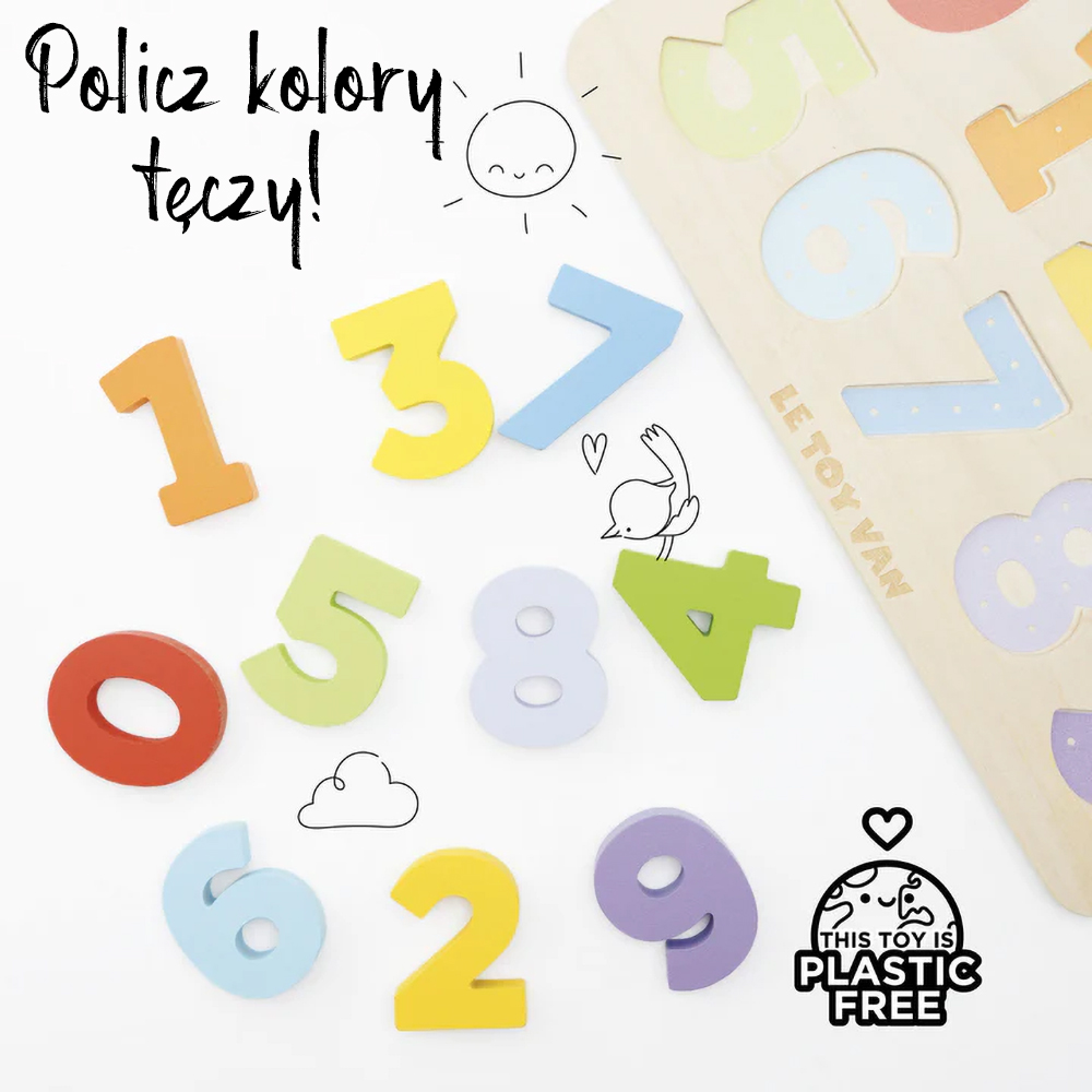 Drewniane kolorowe cyferki do nauki liczenia sorter kształtów dla dzieci. Le Toy Van Drewniane cyferki sorter kształtów