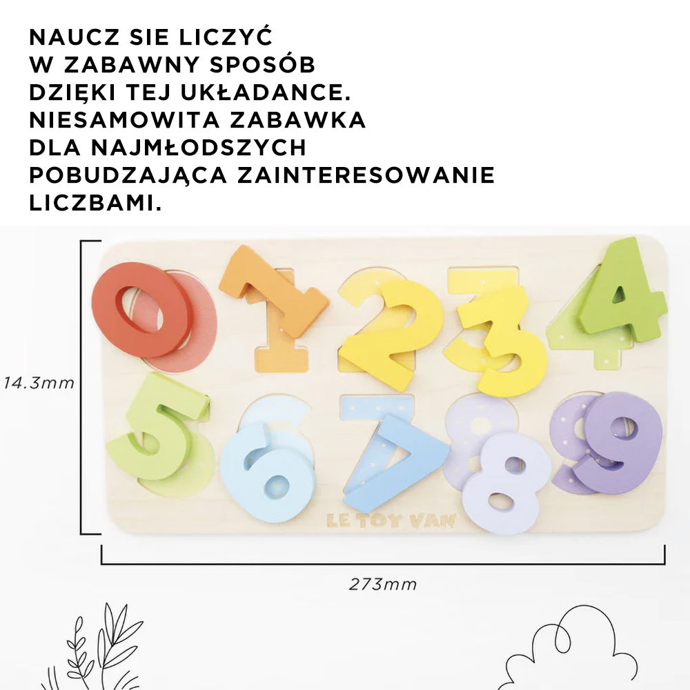 Drewniane kolorowe cyferki od 0 do 9 na tablicy sorter kształtów do nauki liczenia dla dzieci. Le Toy Van Drewniane cyferki sorter kształtów