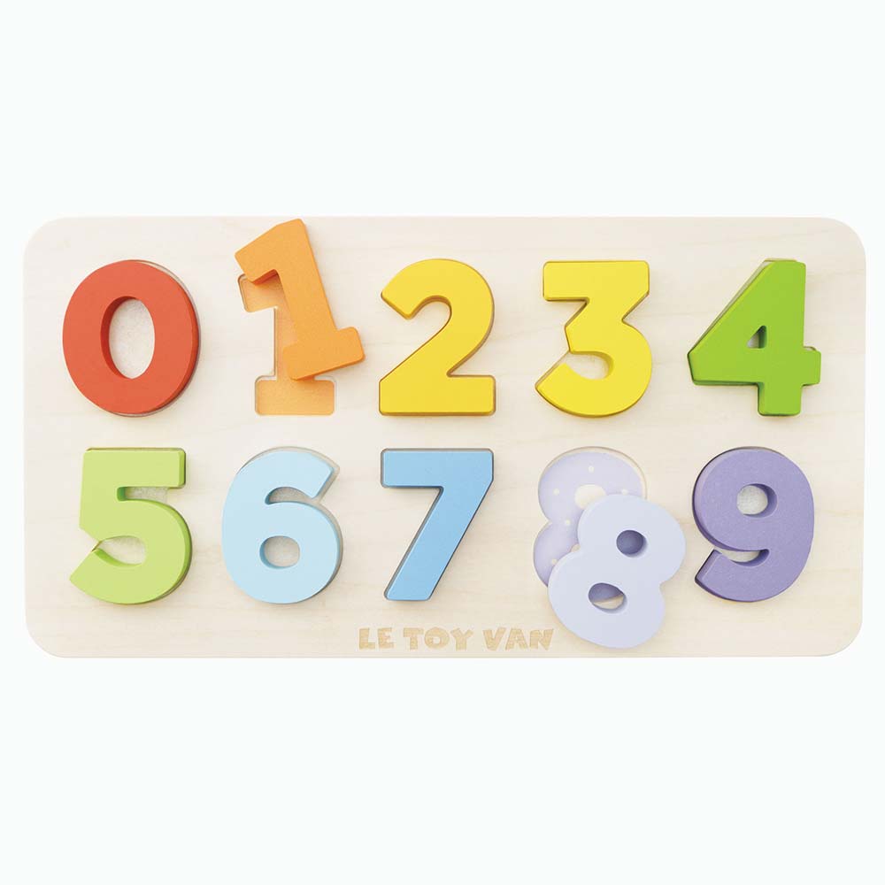 Drewniany sorter kształtów z cyframi od 0 do 9 w różnych kolorach dla dzieci. Le Toy Van Drewniane cyferki sorter kształtów