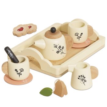 Drewniany zestaw do herbaty z imbrykiem filiżankami i akcesoriami w jasnych kolorach dla dziecka. Le Toy Van Drewniany zestaw do herbaty akcesoria kuchenne gotowanie