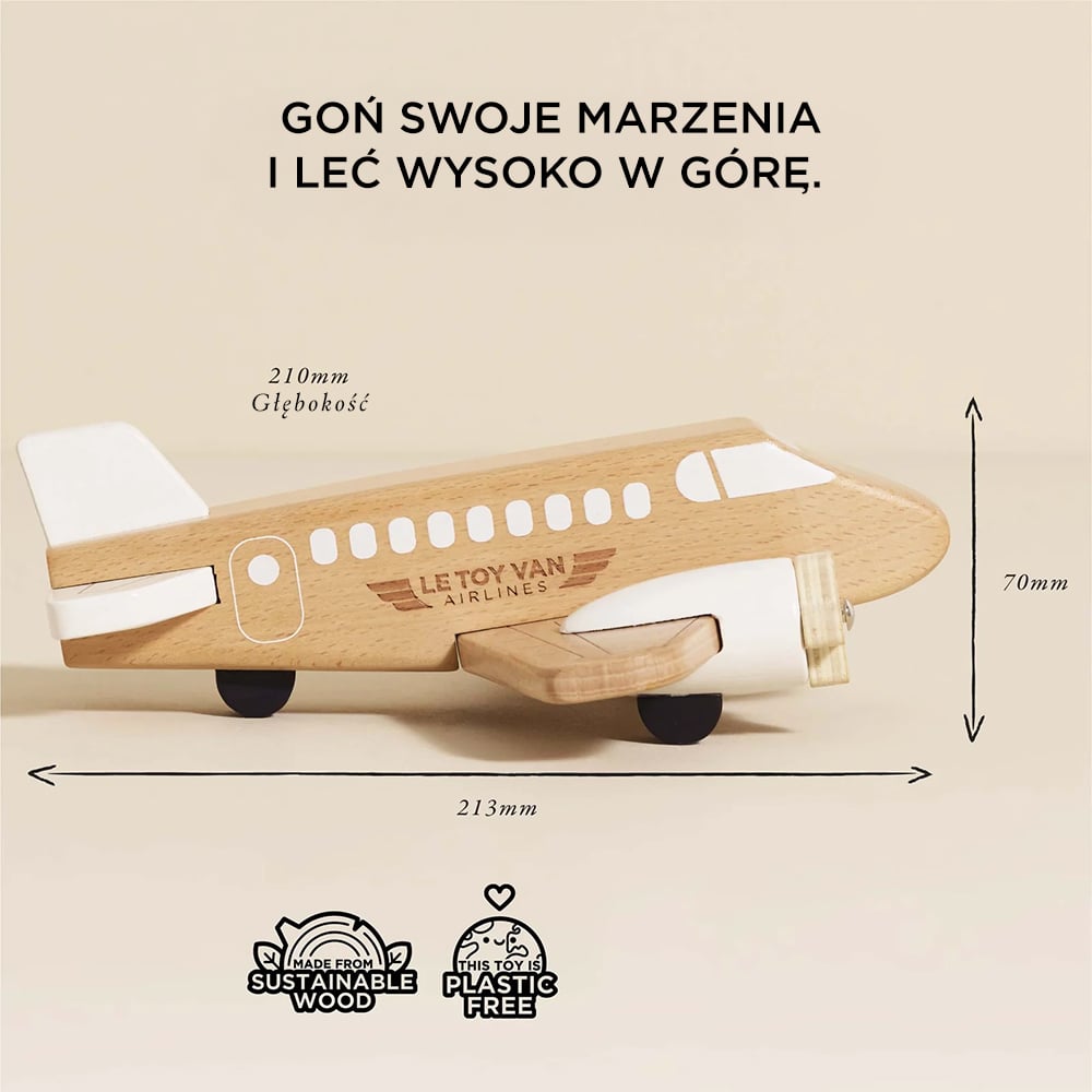 Drewniany samolot zabawka beżowo-biały z ruchomymi śmigłami dla dziecka. Le Toy Van Drewniany samolot z ruchomymi śmigłami model