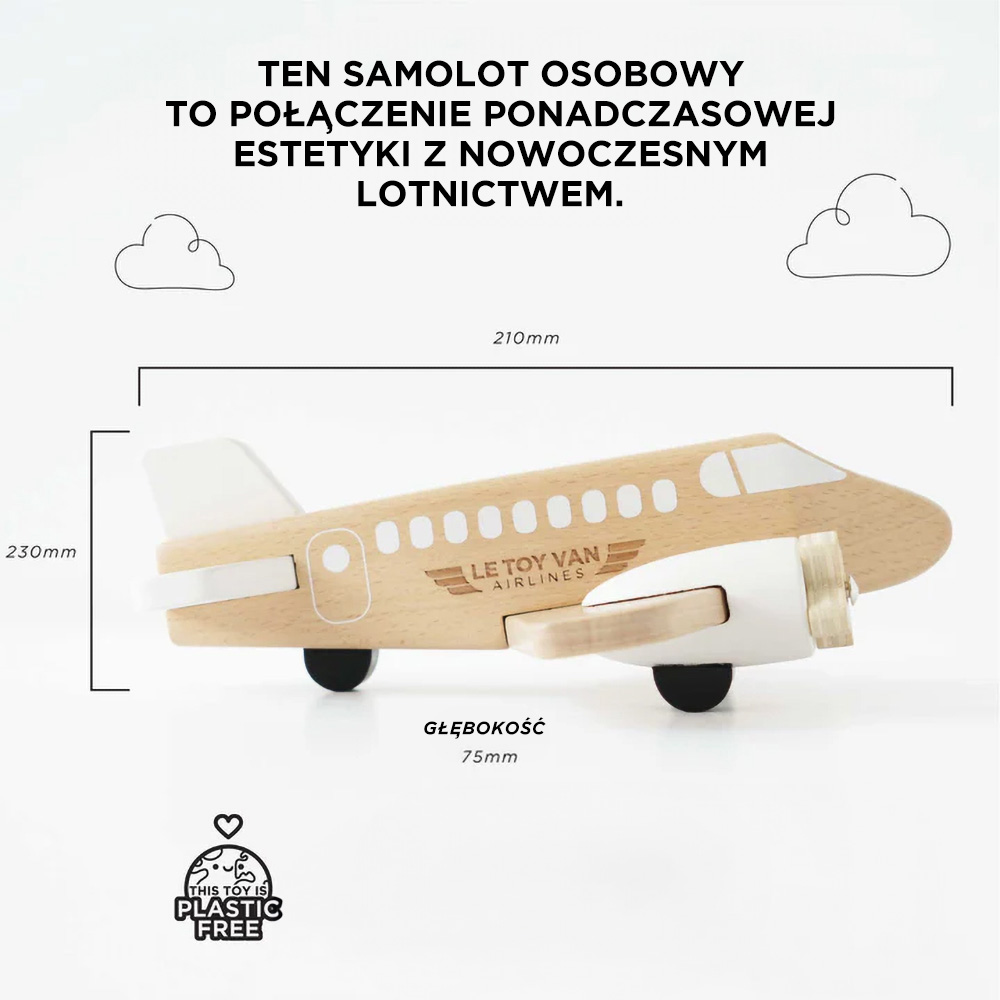Drewniany samolot osobowy z ruchomymi śmigłami naturalne drewno i białe elementy dla dzieci. Le Toy Van Drewniany samolot z ruchomymi śmigłami model