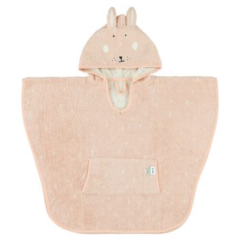 Różowe ponczo kąpielowe dla dziecka z kapturem w kształcie królika z uszami i kieszenią z przodu. Trixie Baby Królik Ponczo Kąpielowe z Kapturem 64 x 47 cm