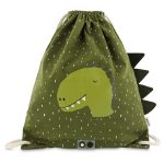 Zielony worek plecak z nadrukiem dinozaura i czarnymi kolcami dla dziecka. Trixie Baby Dinozaur Worek Plecak