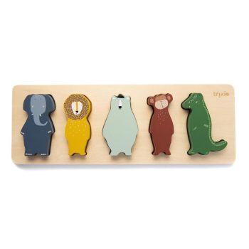 Drewniane puzzle w kształcie zwierząt dla dziecka słoń lew niedźwiedź małpa krokodyl na podstawce. Trixie Baby Zwierzęta Drewniane Puzzle W Kształcie Zwierząt